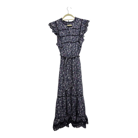 Rails Sofie Dress Sz L Navy MicroFloral Print Black Lace Frill Sleeve Midi Lined - Picture 1 of 2